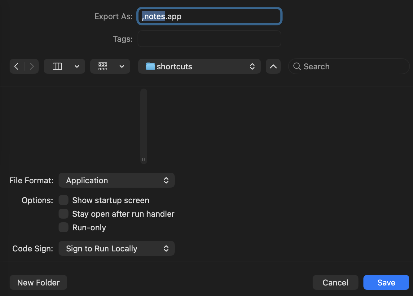 Screenshot of Script Editor on Mac Os while exporting a script as an app