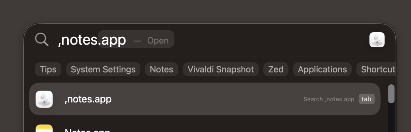 Screenshot of Spotlight on Mac OS. User has typed in ,notes